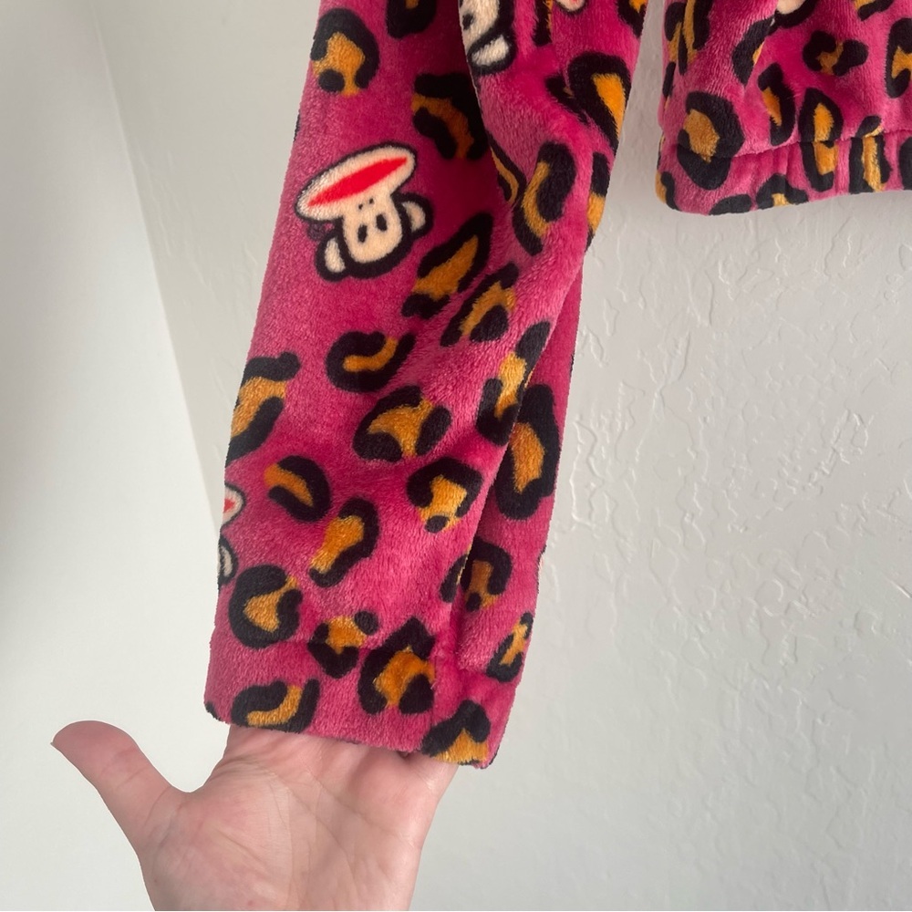 Paul Frank Retro Monkey Leopard Print Plush Pink Quater Zip Pullover Size Medium - Picture 3 of 7